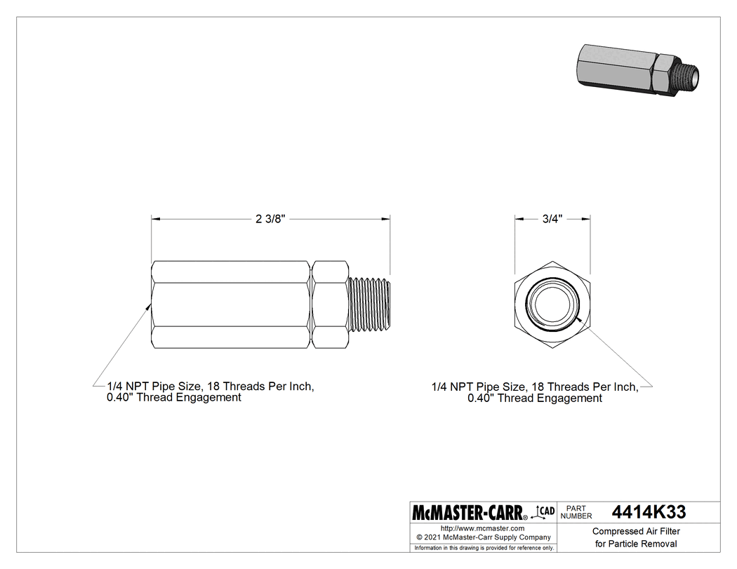 Technical Drawing of Compressed Air Filter for Particle Removal, 1/4 NPT Female Inlet x 1/4 NPT Male Outlet.